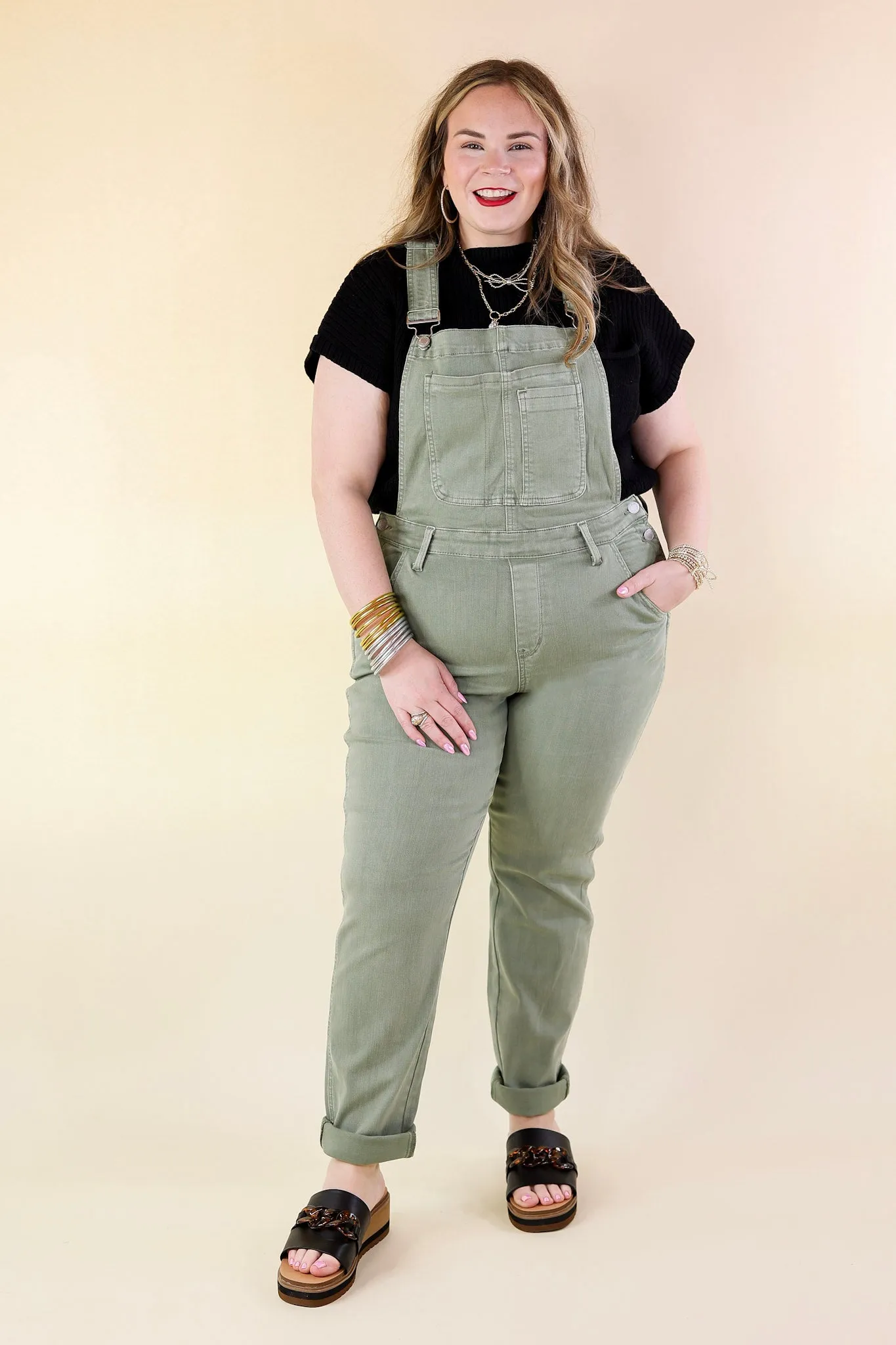 Judy Blue | Start The Bonfire Denim Garment Dyed Overalls in Sage Green