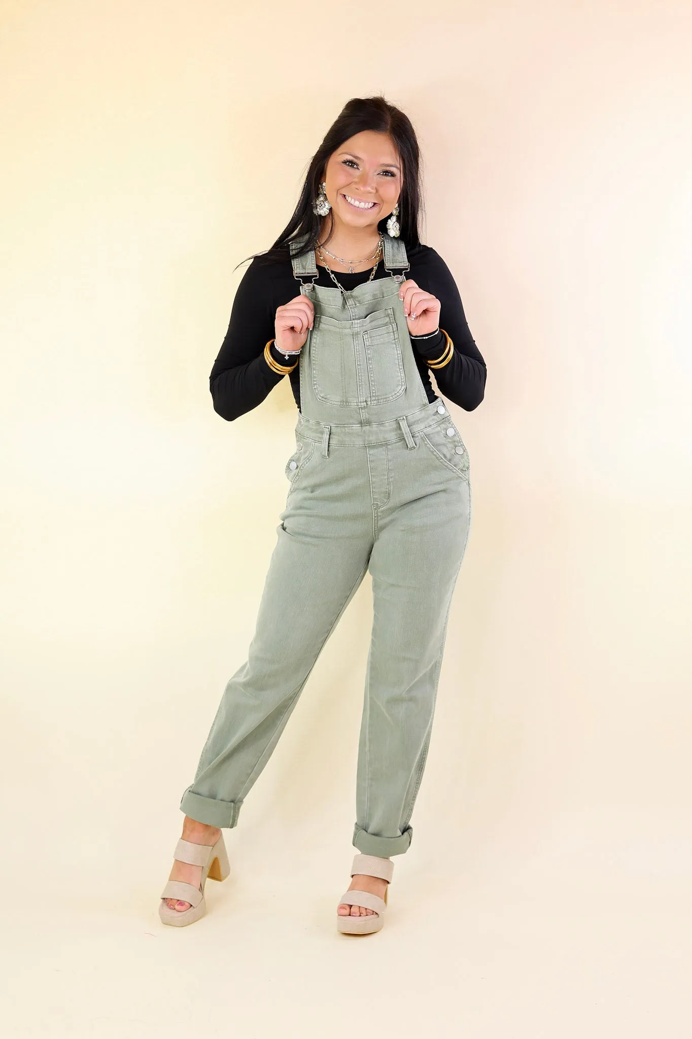 Judy Blue | Start The Bonfire Denim Garment Dyed Overalls in Sage Green