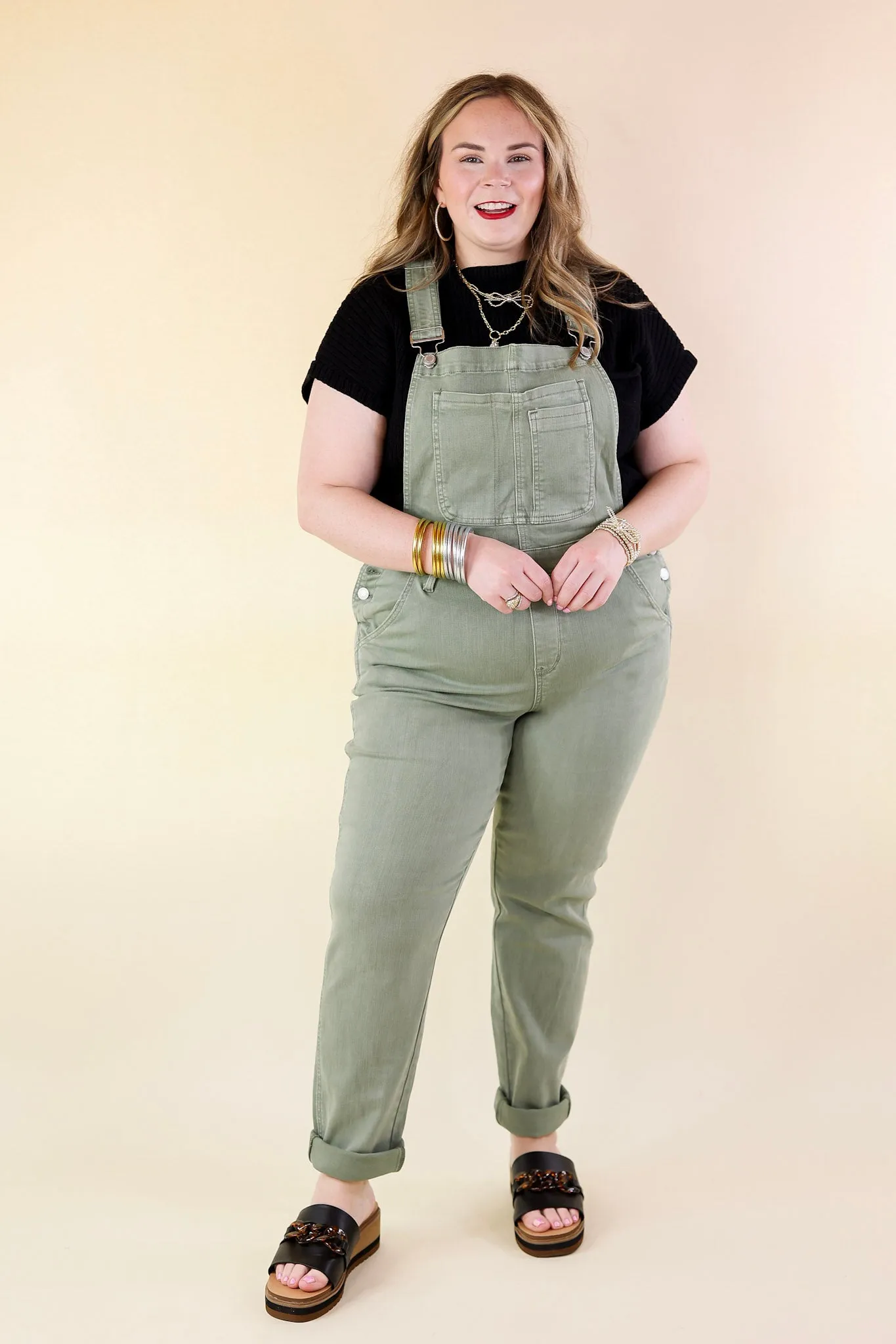 Judy Blue | Start The Bonfire Denim Garment Dyed Overalls in Sage Green