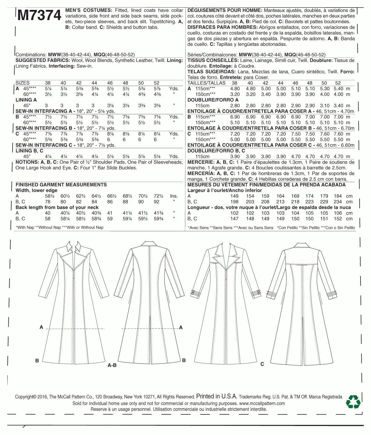 McCall's Pattern M7374 Collared and Seamed Coats