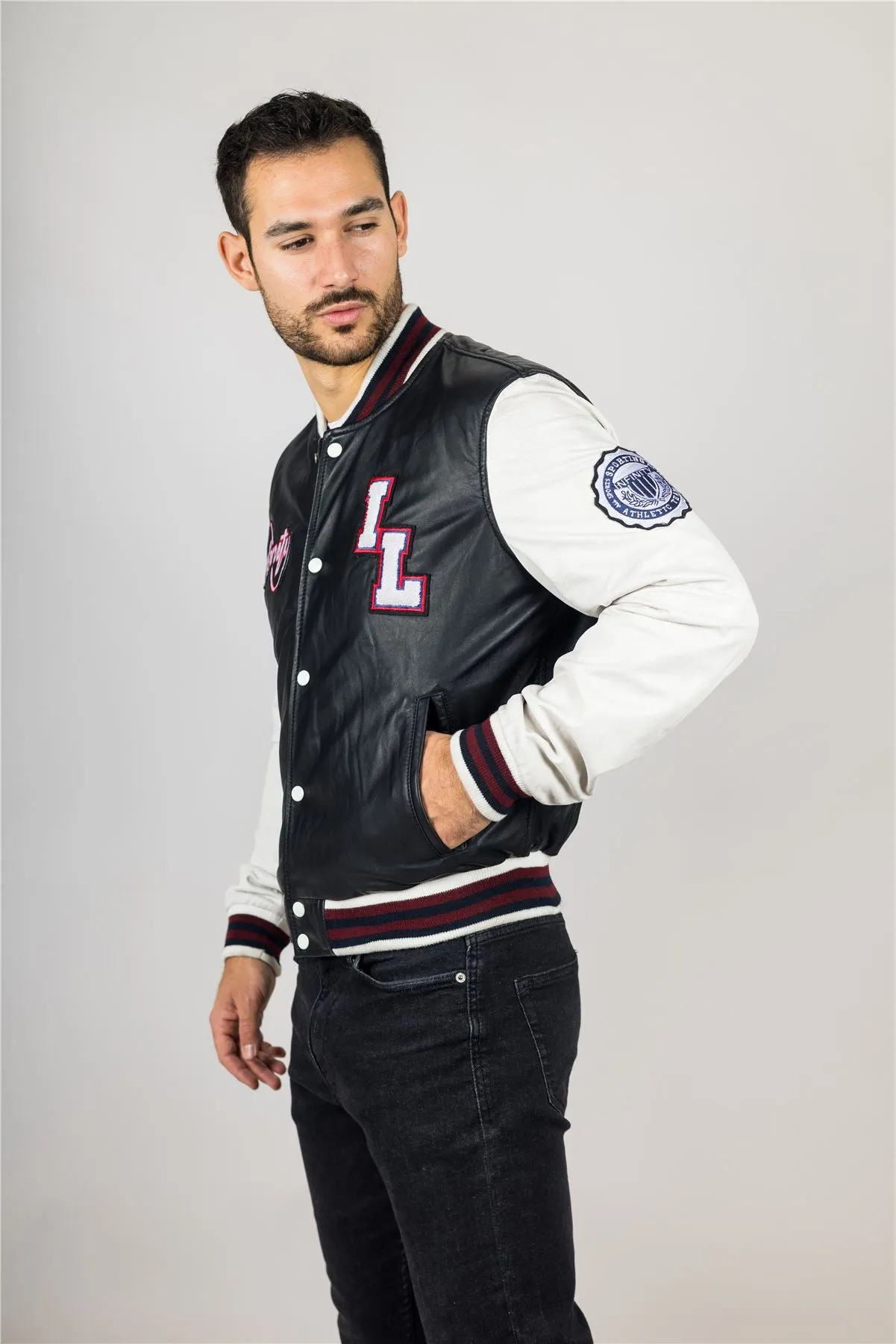 Men's Black Genuine Leather Bomber Jacket Baseball Letterman Coat