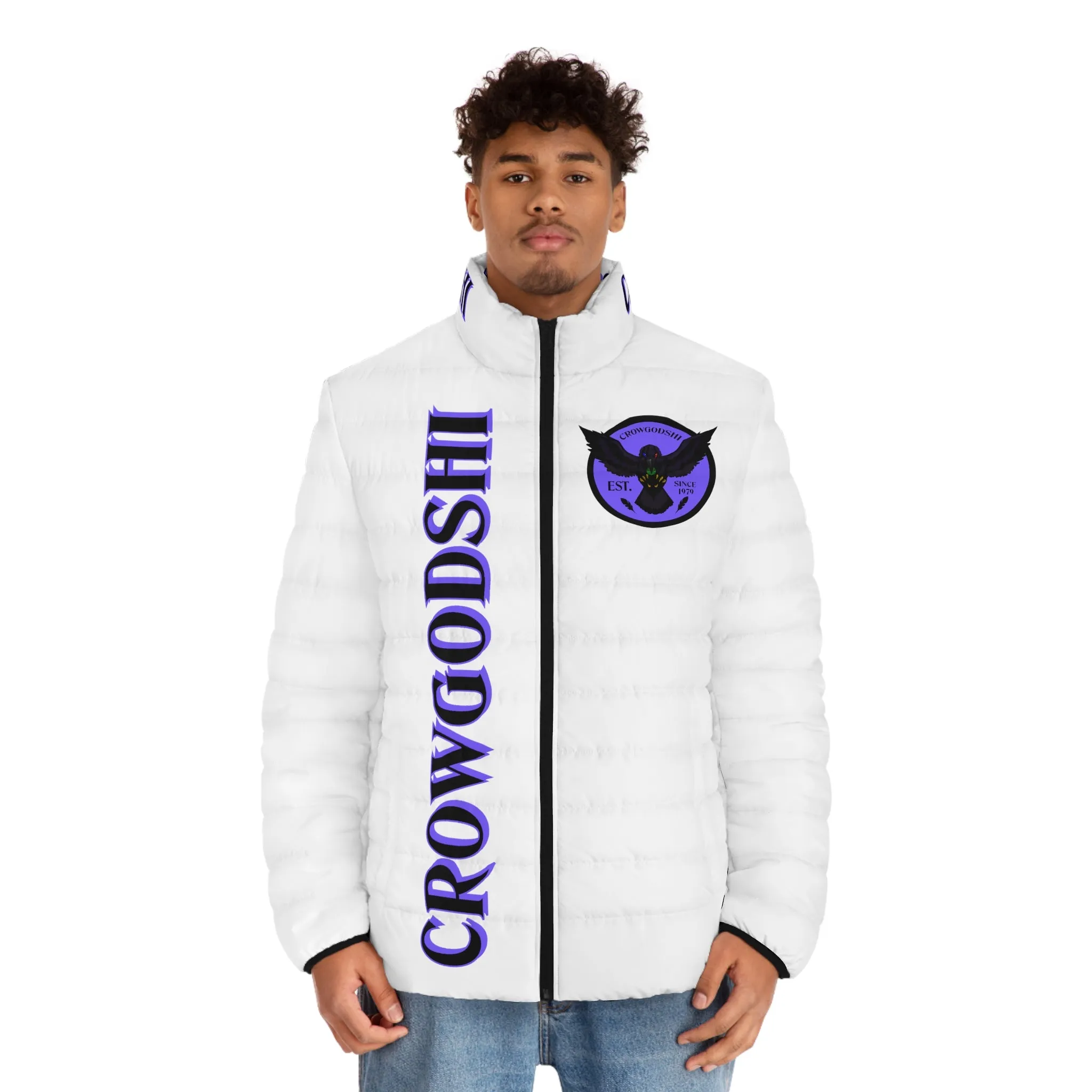 Men's CROWGODSHI 2nd GEN Puffer Jacket, WHITE W/ PURPLE LOGO