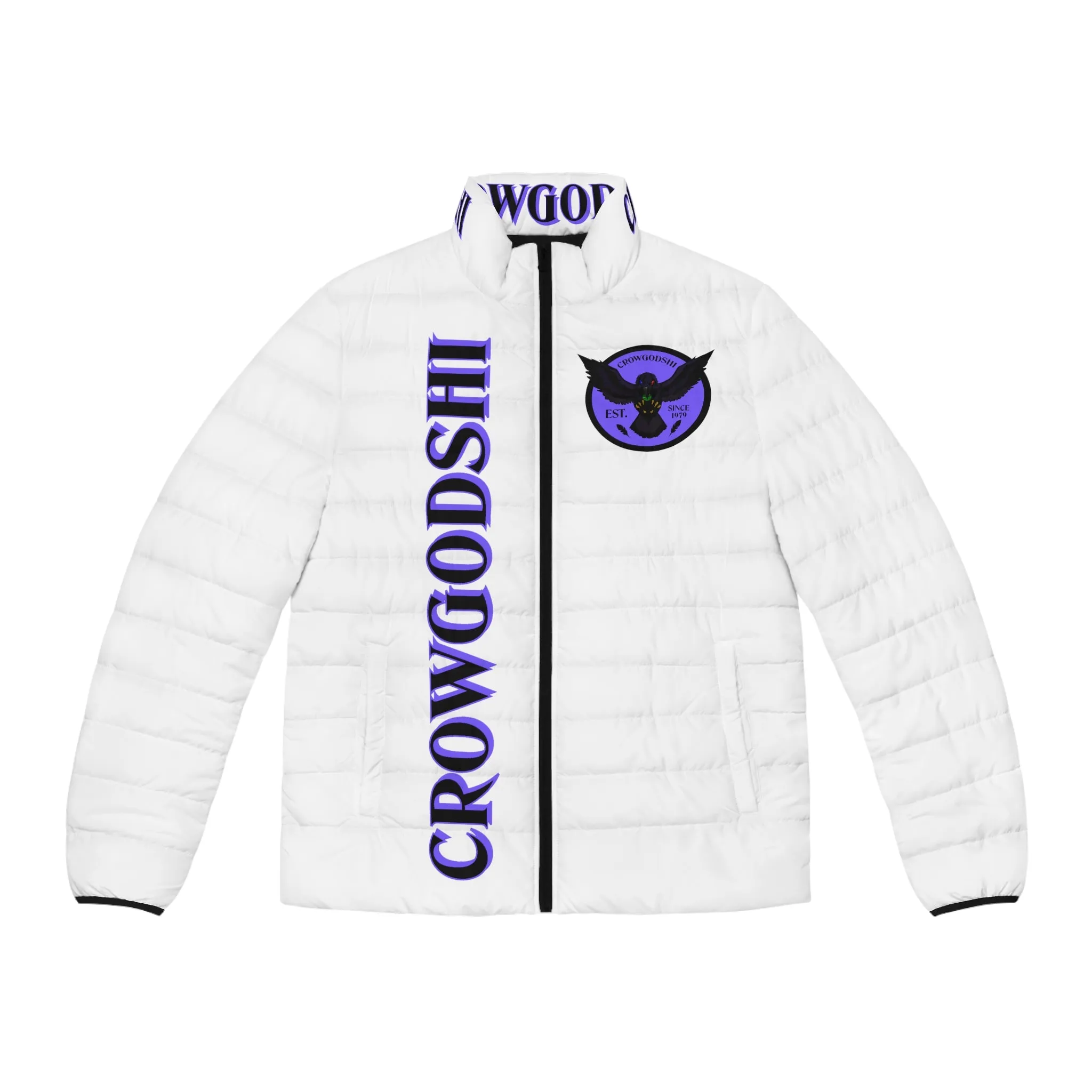 Men's CROWGODSHI 2nd GEN Puffer Jacket, WHITE W/ PURPLE LOGO