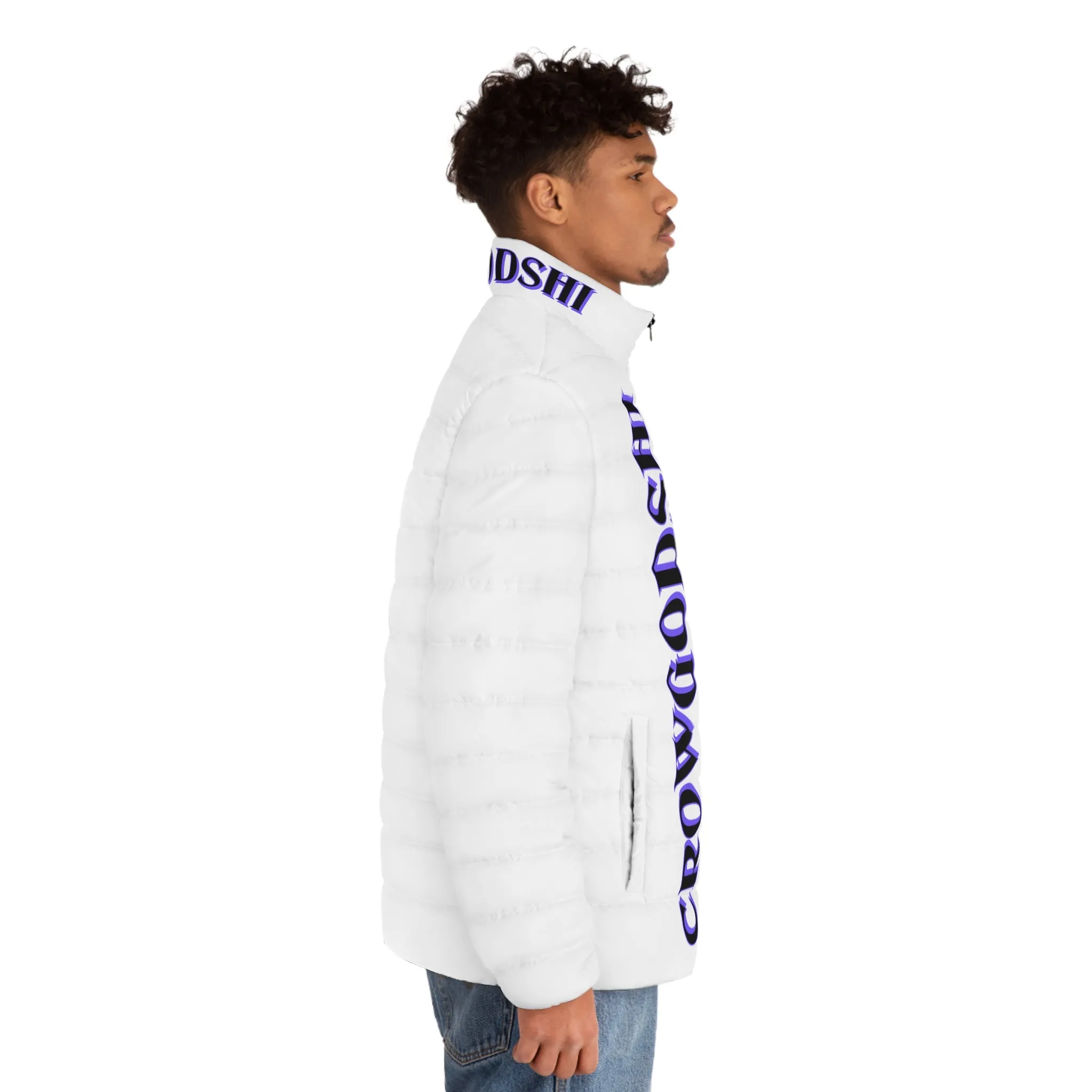 Men's CROWGODSHI 2nd GEN Puffer Jacket, WHITE W/ PURPLE LOGO