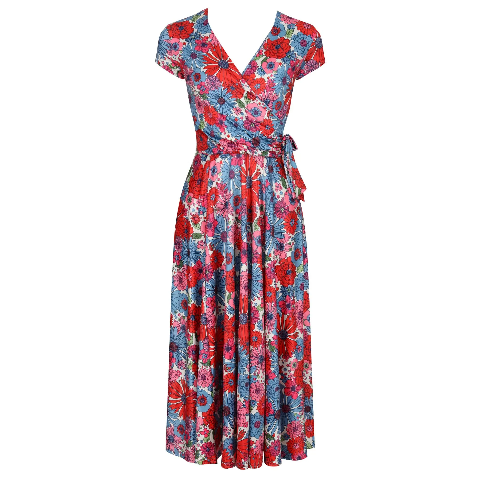 Multi Red Blue Floral Print Cap Sleeve Crossover Top Swing Dress