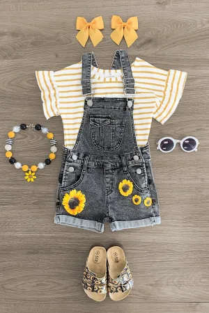 Mustard Stripe Sunflower Denim Overall Set