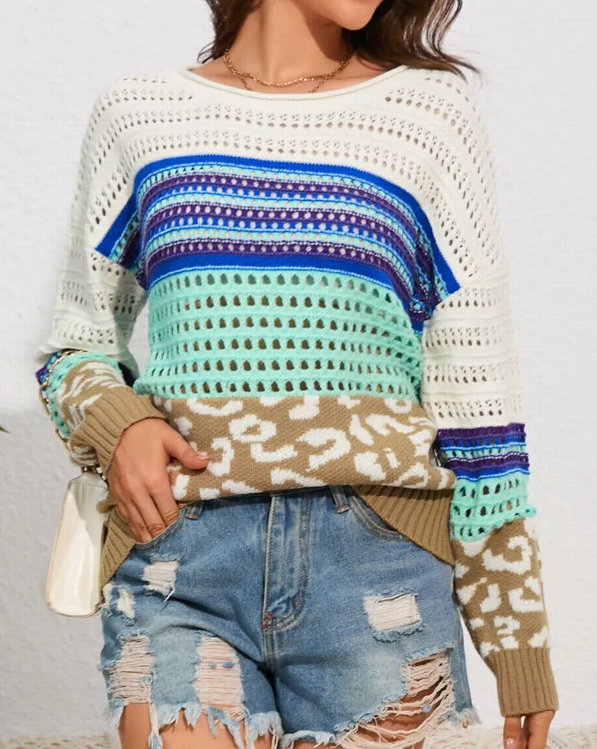 NEW! Leopard Striped Crochet Knit Sweater