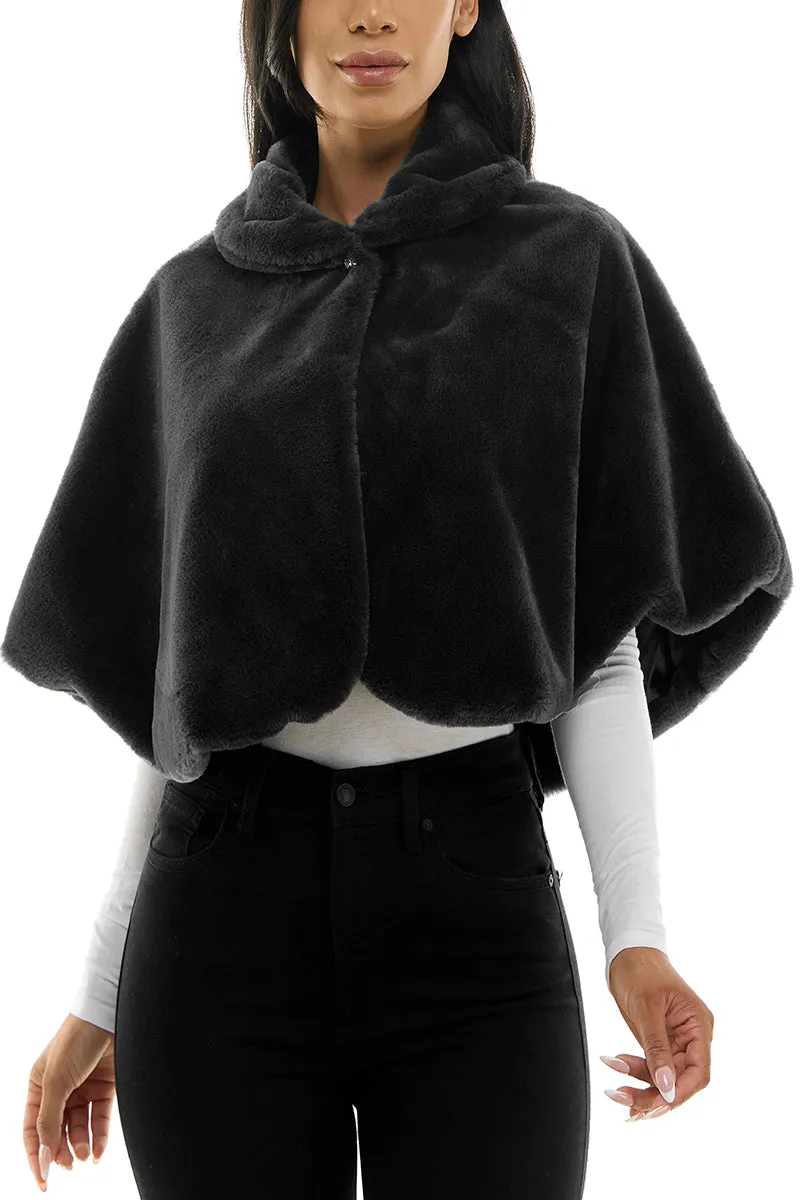 Nina Leonard Collared One Button Cape Sleeve Faux Fur Cape