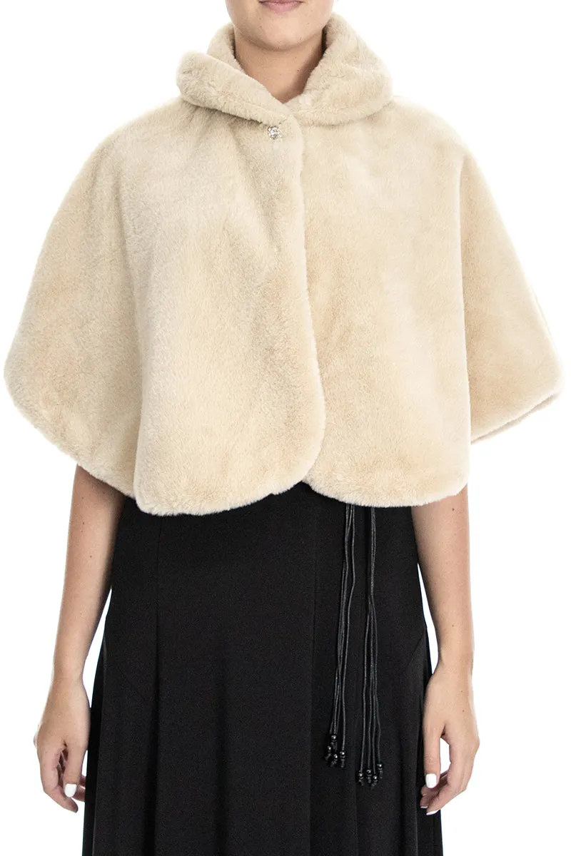 Nina Leonard Collared One Button Cape Sleeve Faux Fur Cape