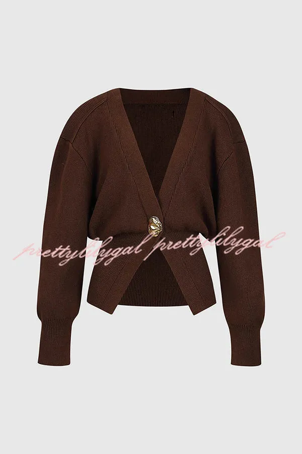 Only Yours Knit Metal Leaf Shape Button Lantern Sleeve Relaxed Cardigan