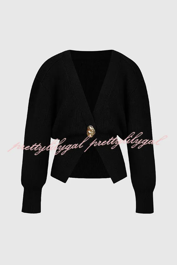 Only Yours Knit Metal Leaf Shape Button Lantern Sleeve Relaxed Cardigan