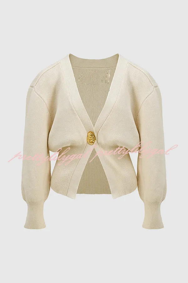 Only Yours Knit Metal Leaf Shape Button Lantern Sleeve Relaxed Cardigan