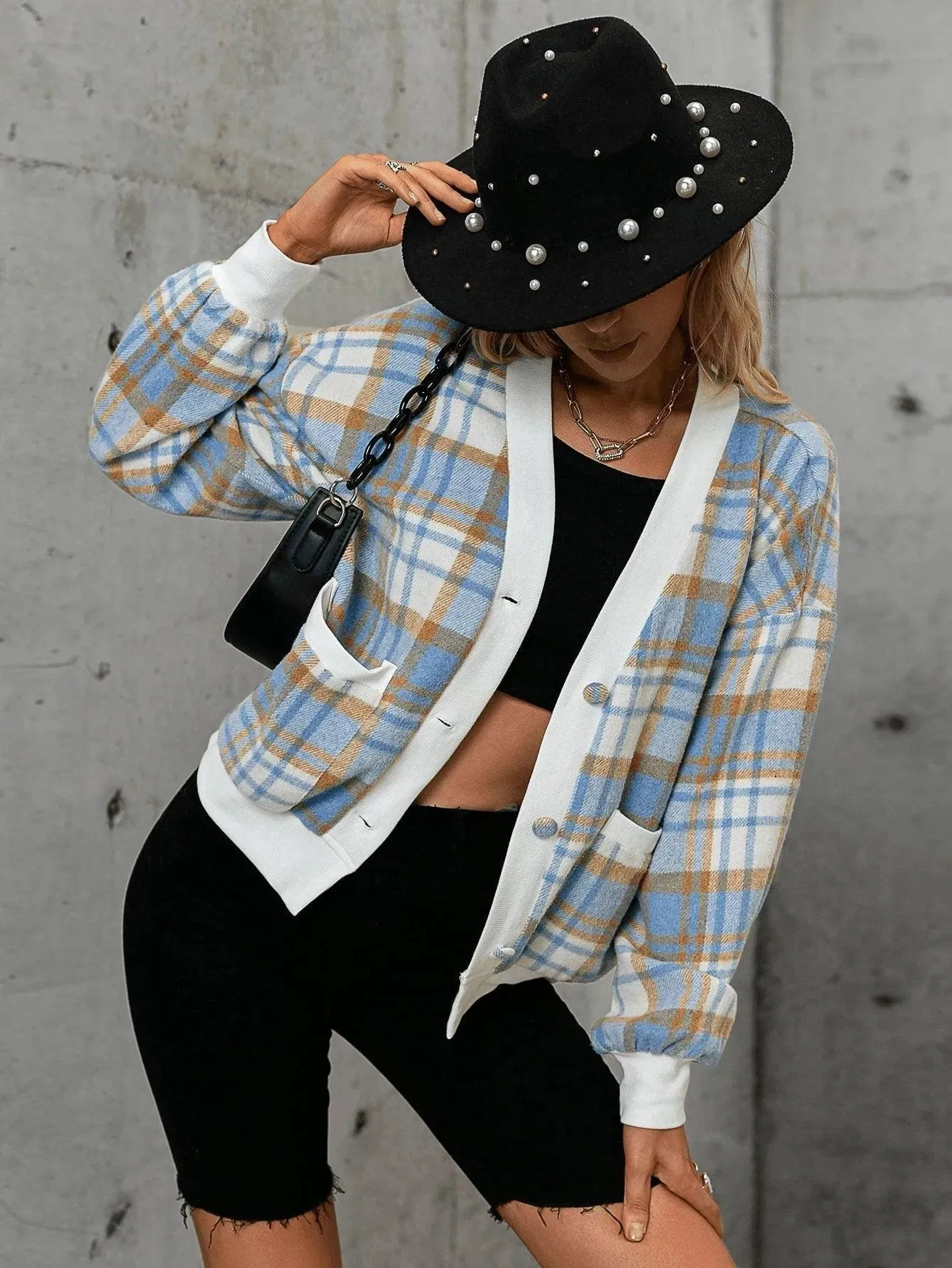 Plaid Drop Shoulder Contrast Trim Dual Pocket Jacket