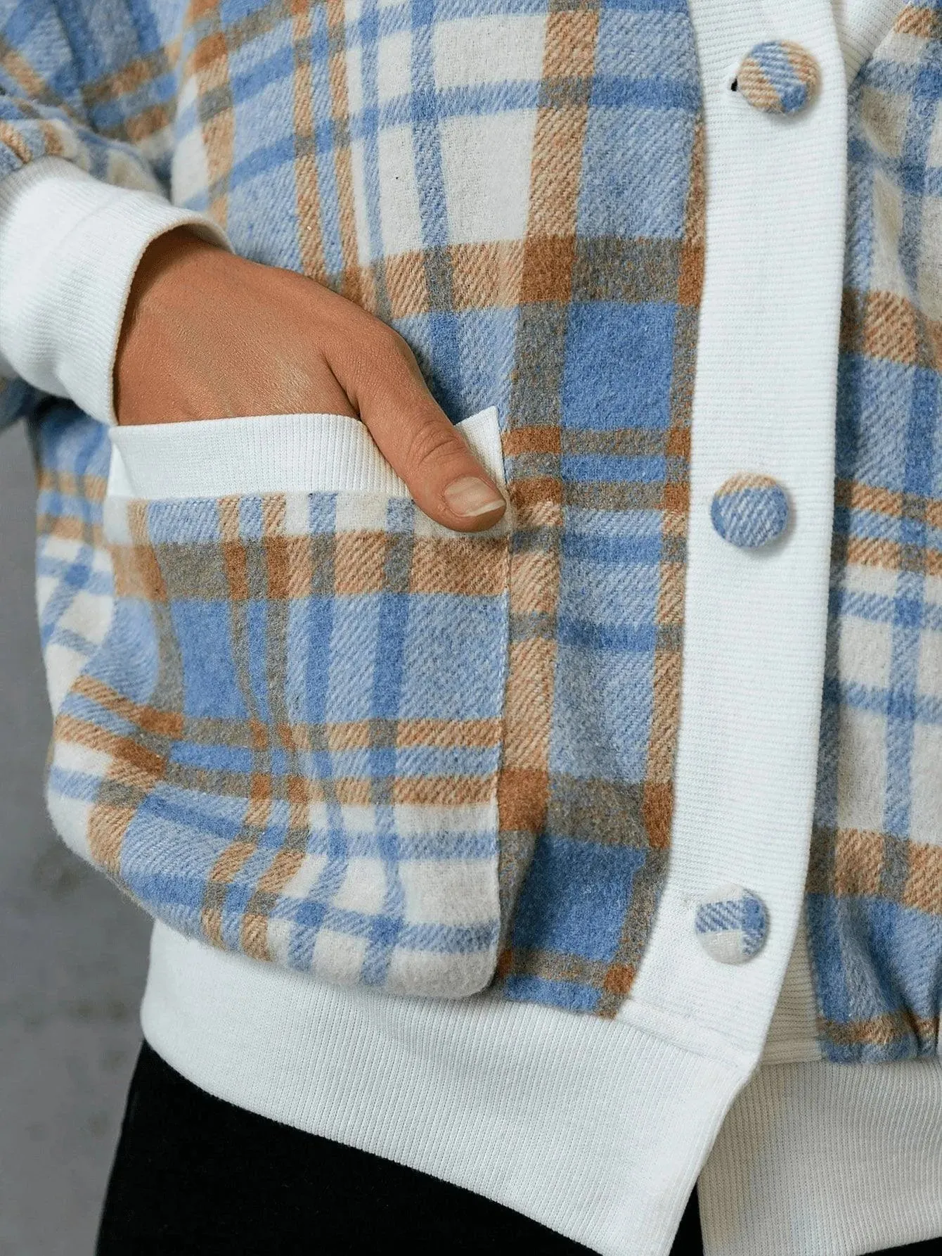 Plaid Drop Shoulder Contrast Trim Dual Pocket Jacket