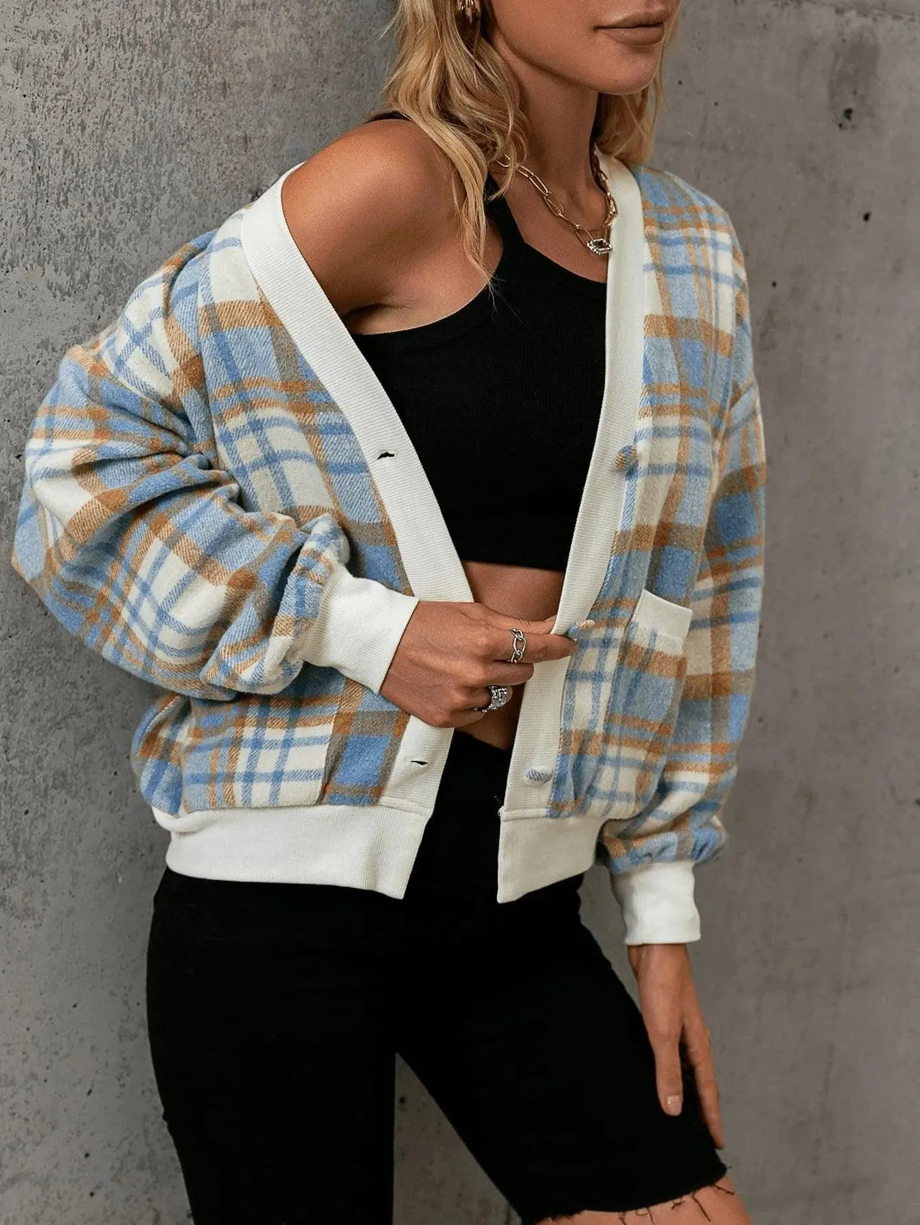 Plaid Drop Shoulder Contrast Trim Dual Pocket Jacket