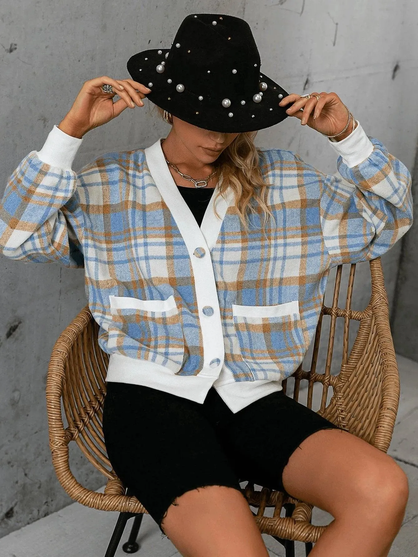 Plaid Drop Shoulder Contrast Trim Dual Pocket Jacket