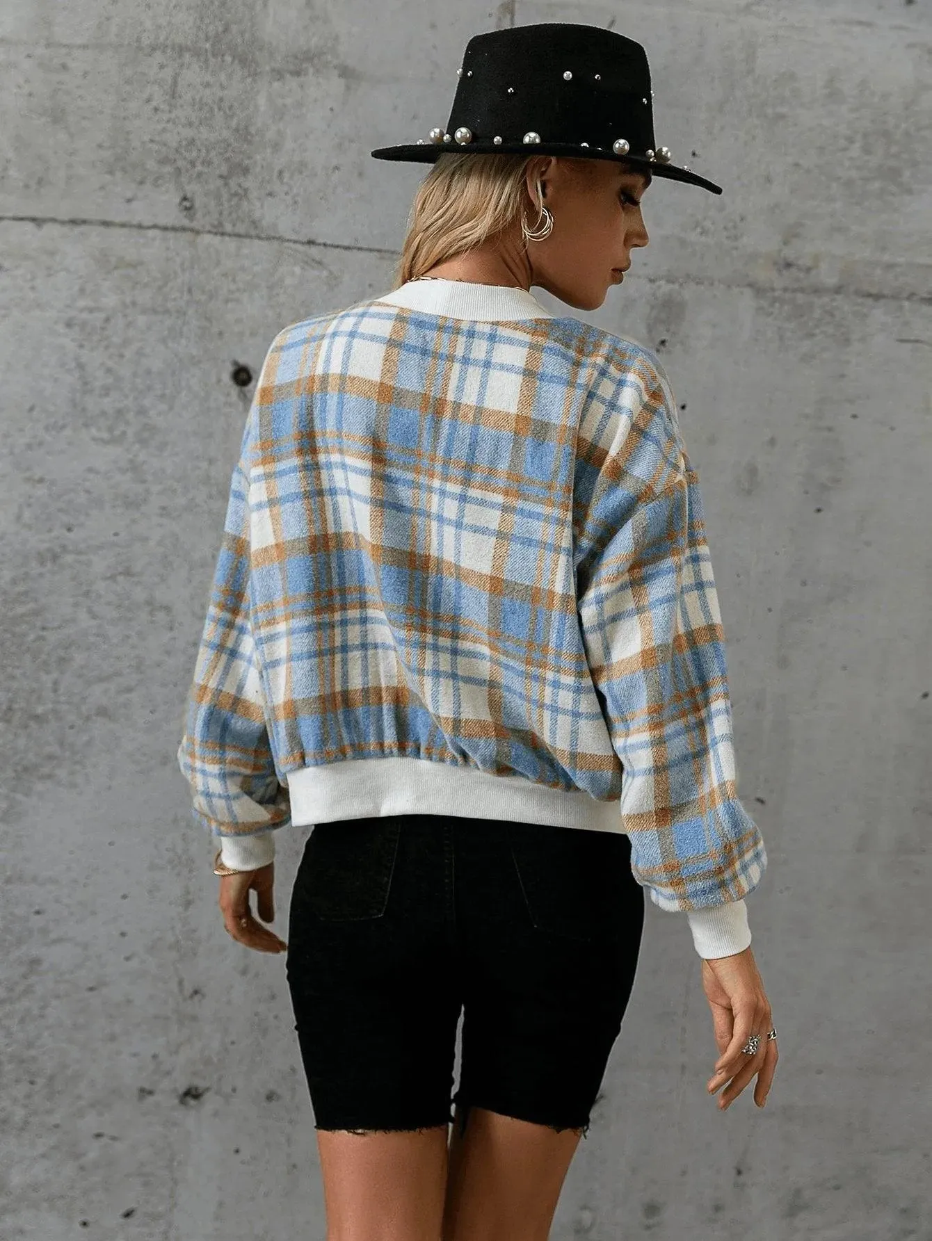 Plaid Drop Shoulder Contrast Trim Dual Pocket Jacket