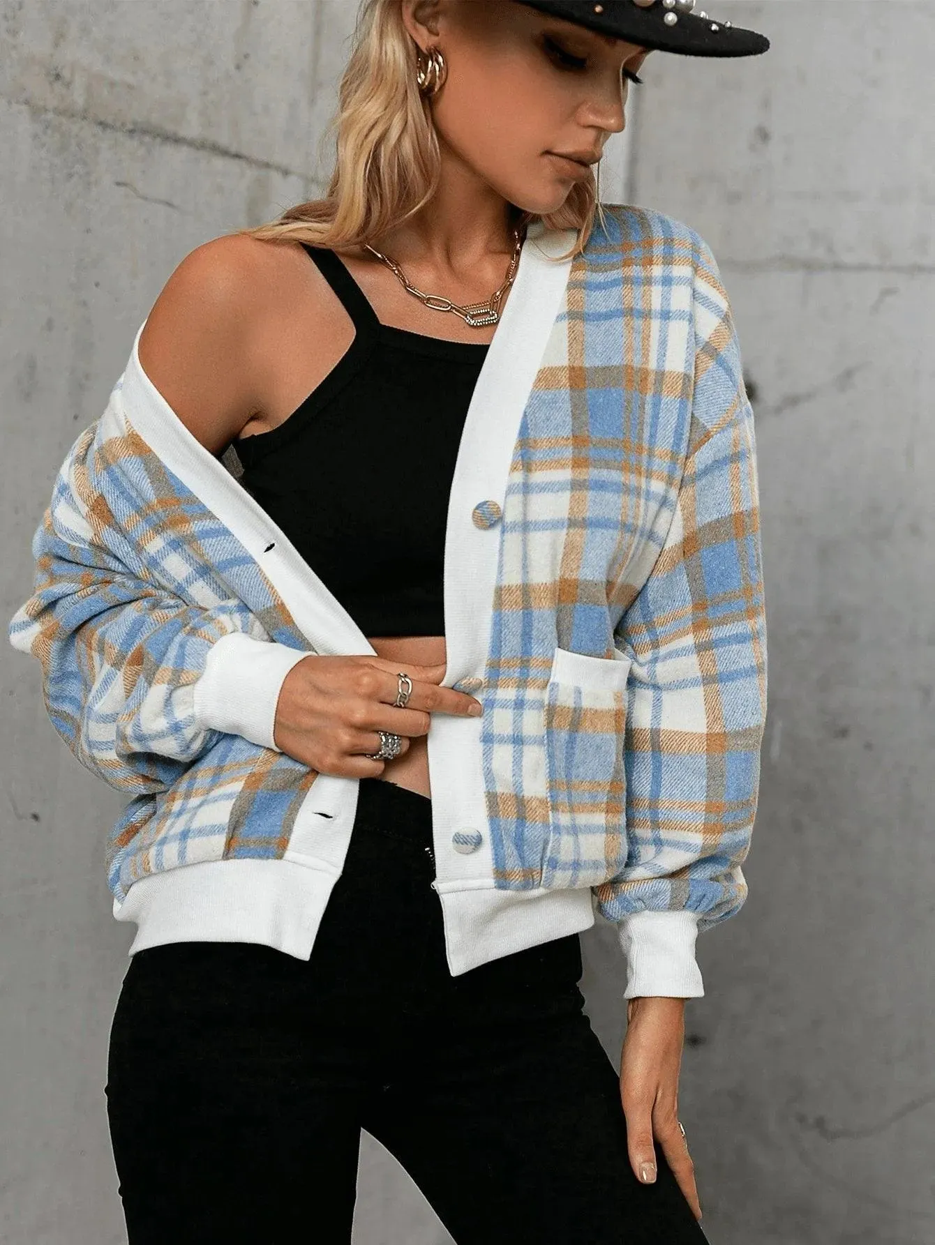 Plaid Drop Shoulder Contrast Trim Dual Pocket Jacket