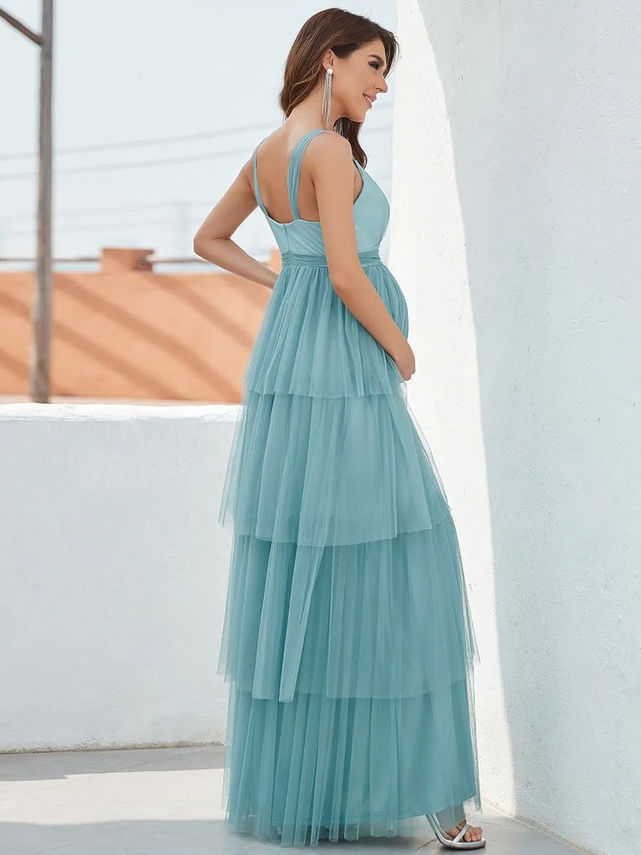 Plus Size Tie Waist V-Neck Tiered Floor-length Maternity Dress