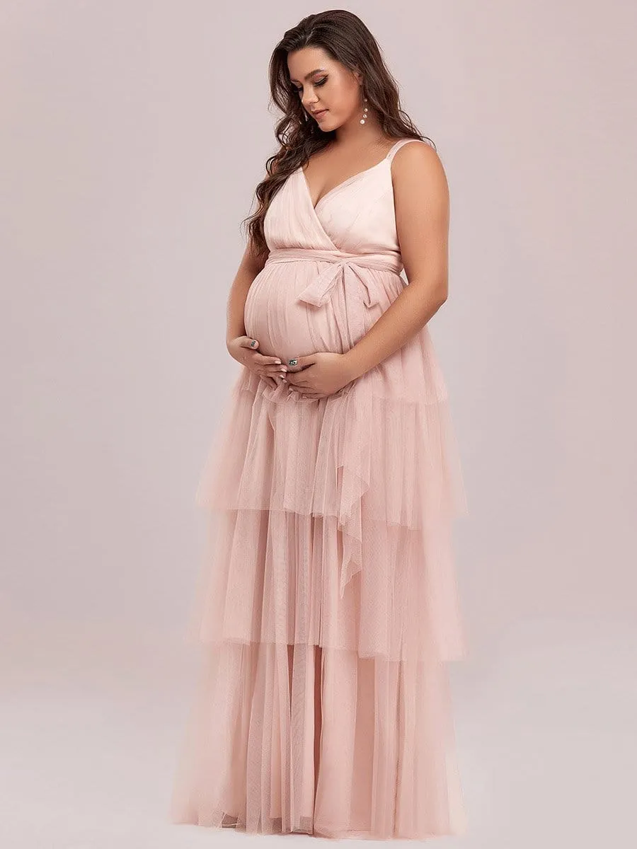 Plus Size Tie Waist V-Neck Tiered Floor-length Maternity Dress