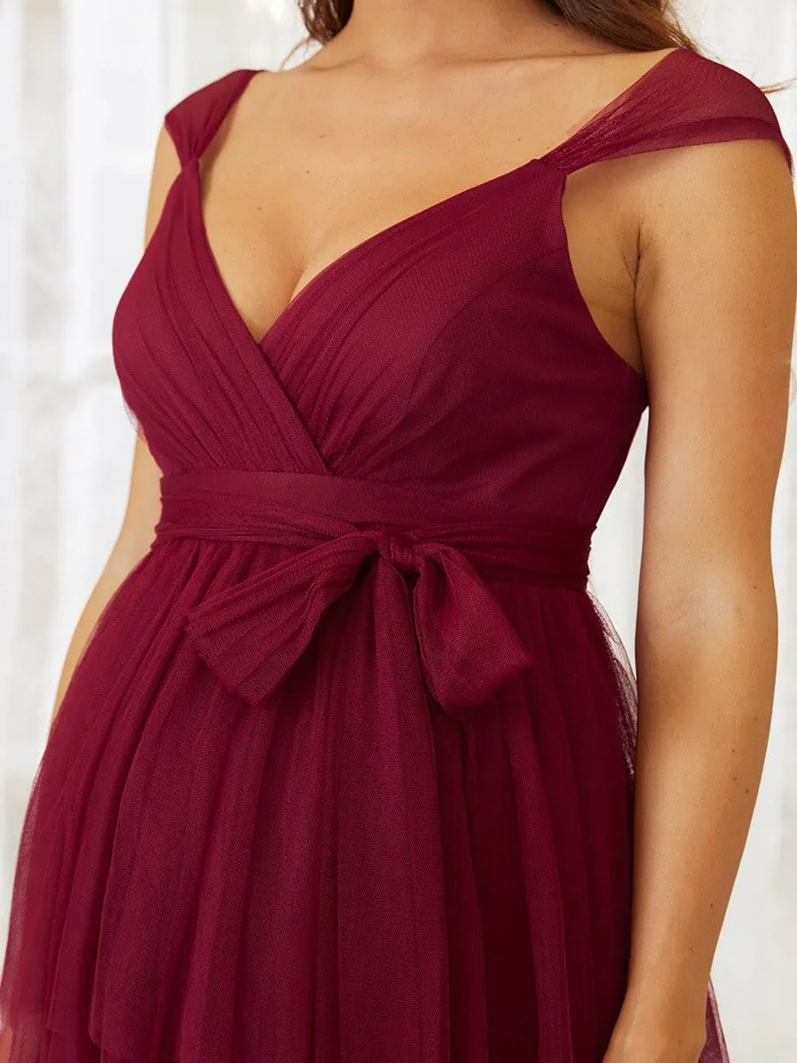 Plus Size Tie Waist V-Neck Tiered Floor-length Maternity Dress