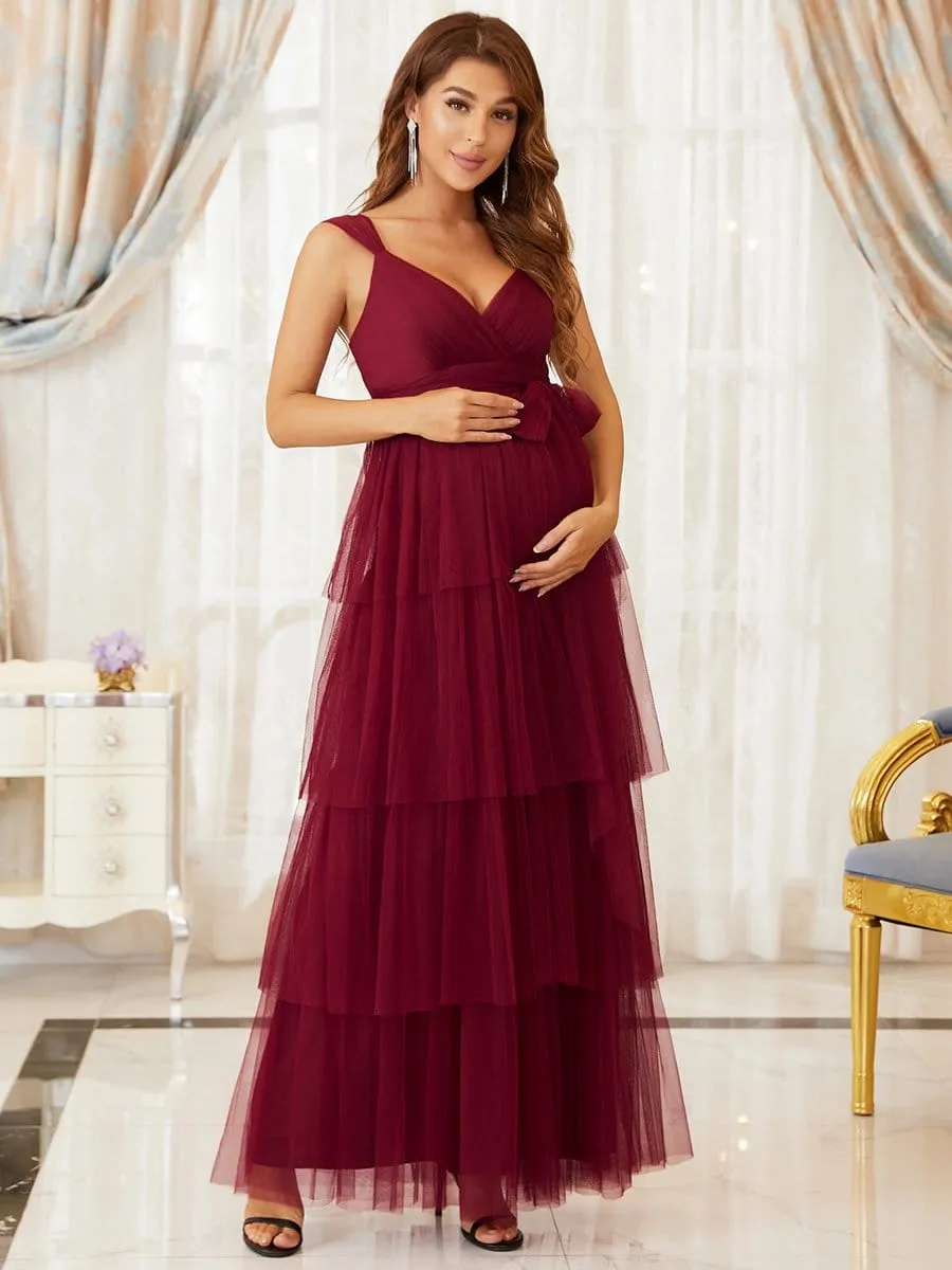 Plus Size Tie Waist V-Neck Tiered Floor-length Maternity Dress