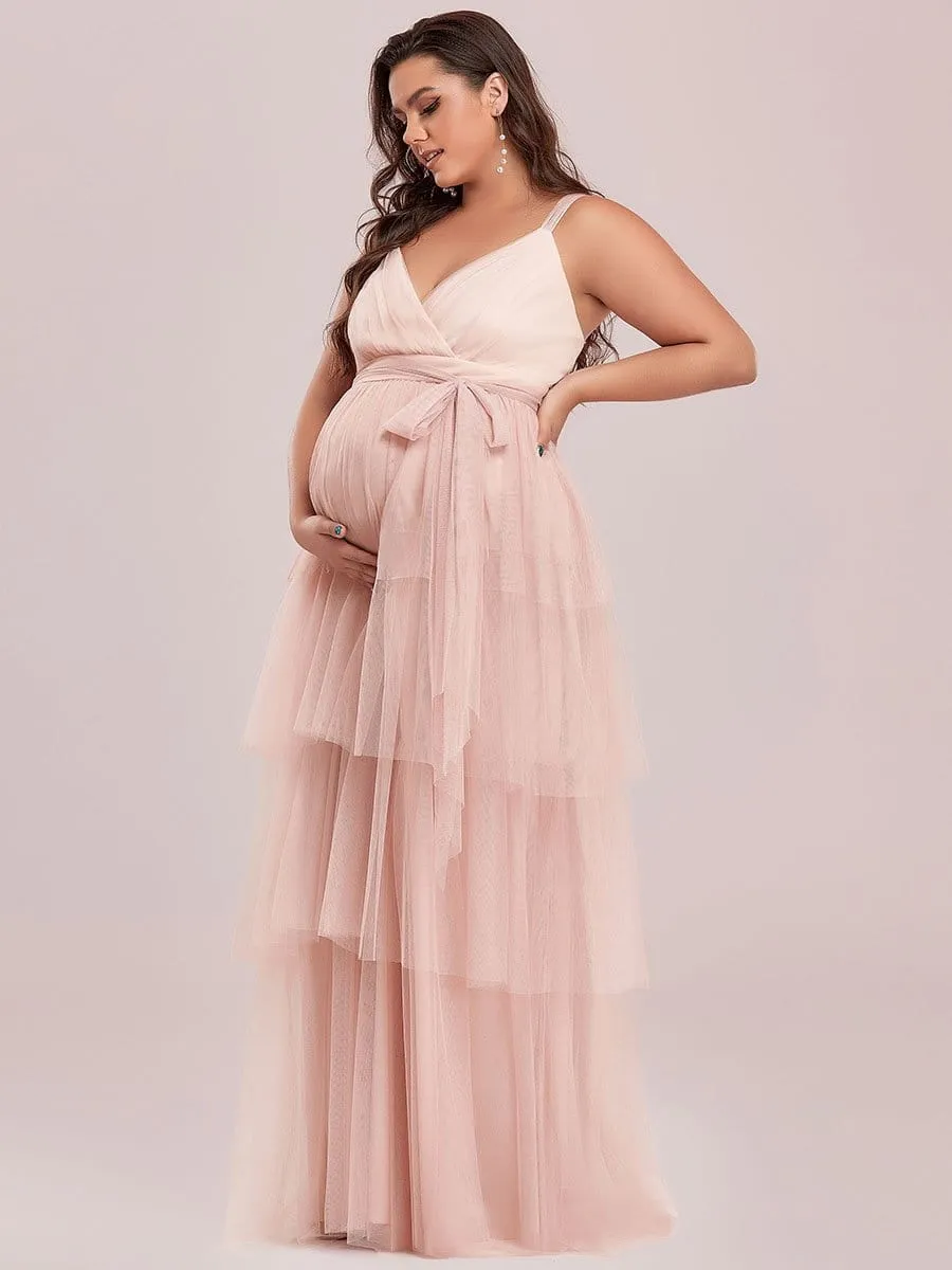 Plus Size Tie Waist V-Neck Tiered Floor-length Maternity Dress