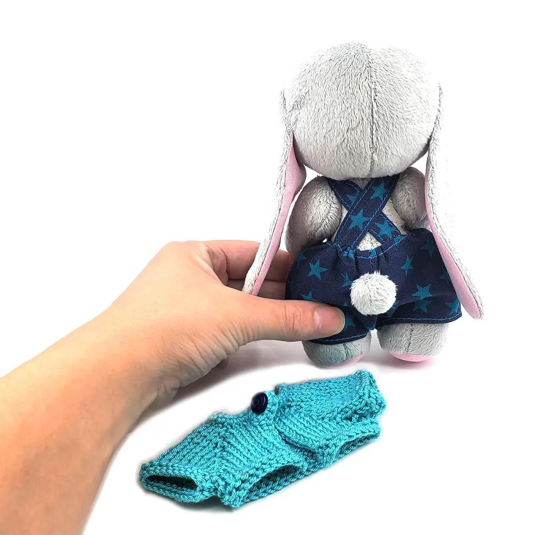 Plush - Gray Bunny in Blue Stars Overalls and Blue Cardigan by Frank and Bubby