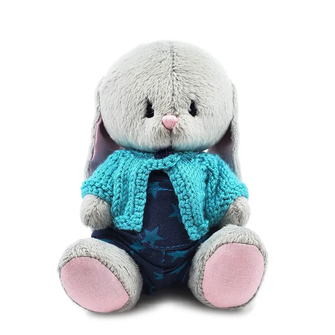 Plush - Gray Bunny in Blue Stars Overalls and Blue Cardigan by Frank and Bubby