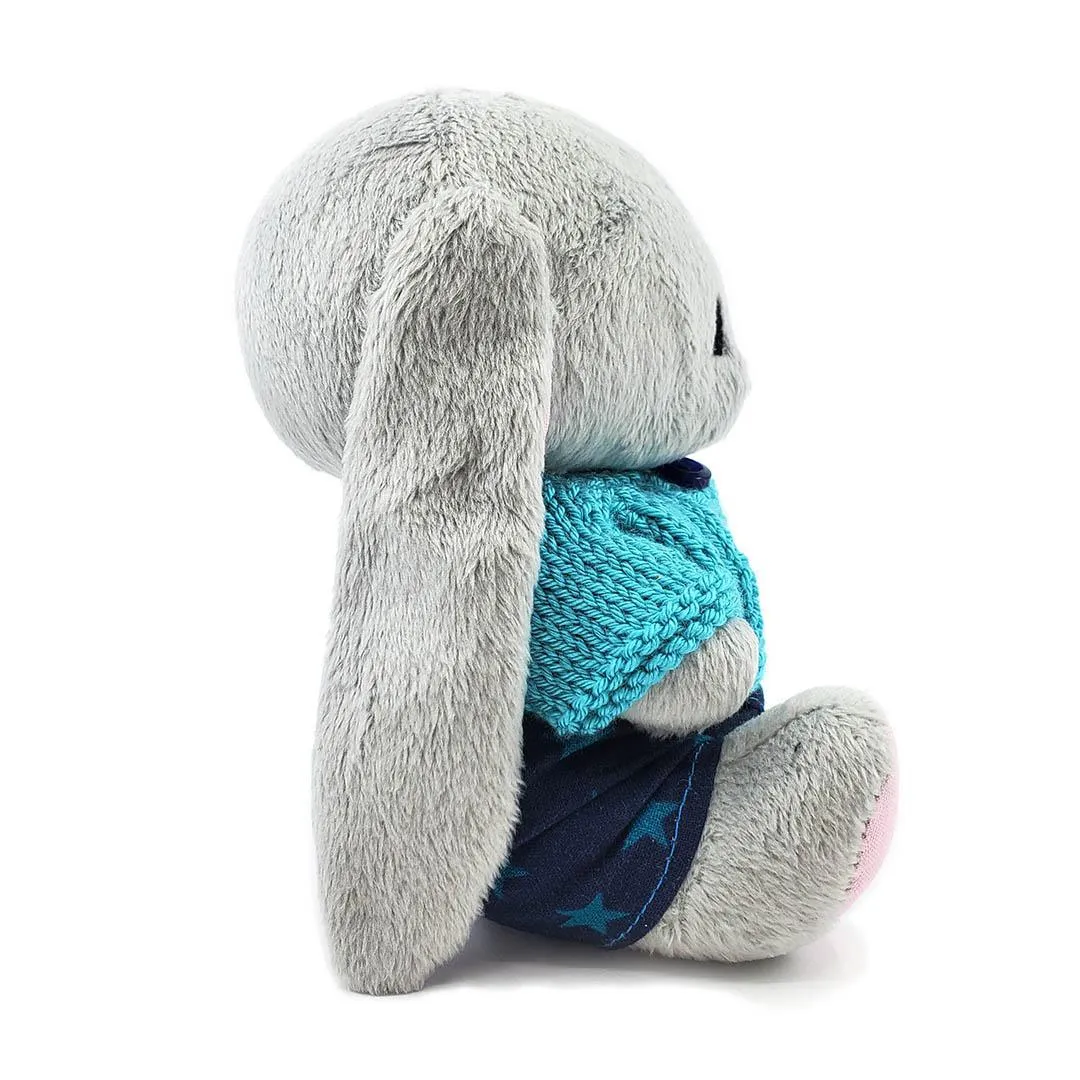 Plush - Gray Bunny in Blue Stars Overalls and Blue Cardigan by Frank and Bubby