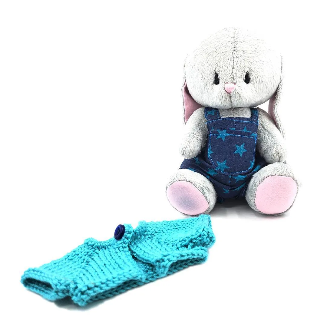 Plush - Gray Bunny in Blue Stars Overalls and Blue Cardigan by Frank and Bubby