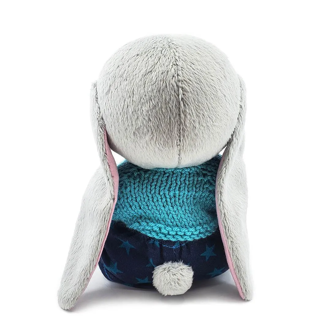 Plush - Gray Bunny in Blue Stars Overalls and Blue Cardigan by Frank and Bubby