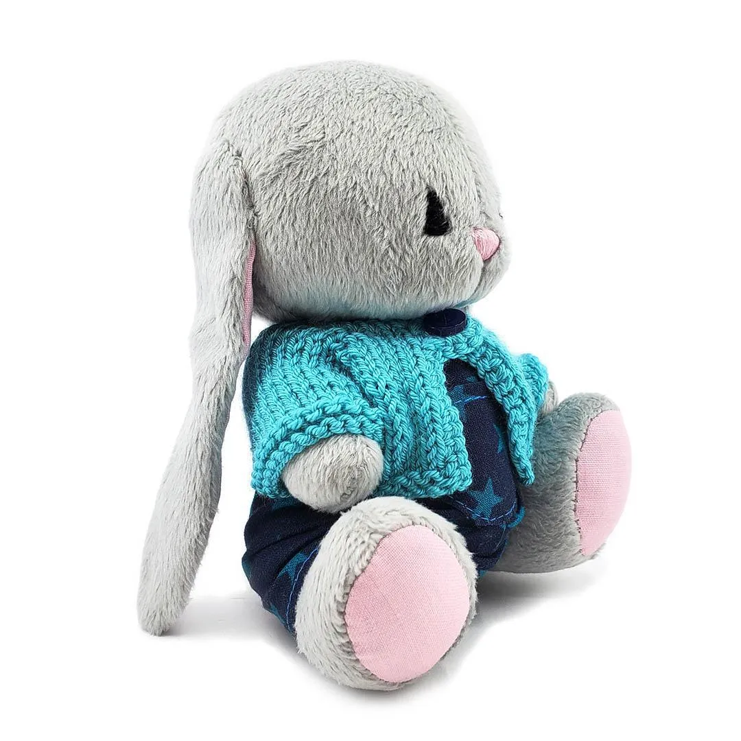 Plush - Gray Bunny in Blue Stars Overalls and Blue Cardigan by Frank and Bubby