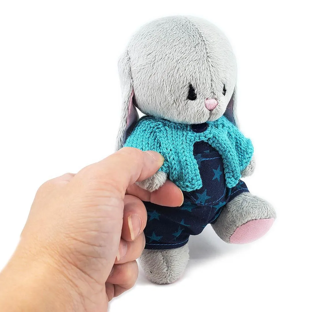 Plush - Gray Bunny in Blue Stars Overalls and Blue Cardigan by Frank and Bubby