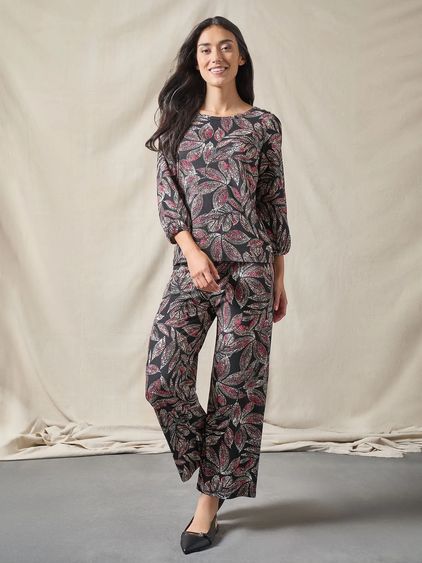 Print Pull-On Crop Wide Leg Pants, Moss Crepe