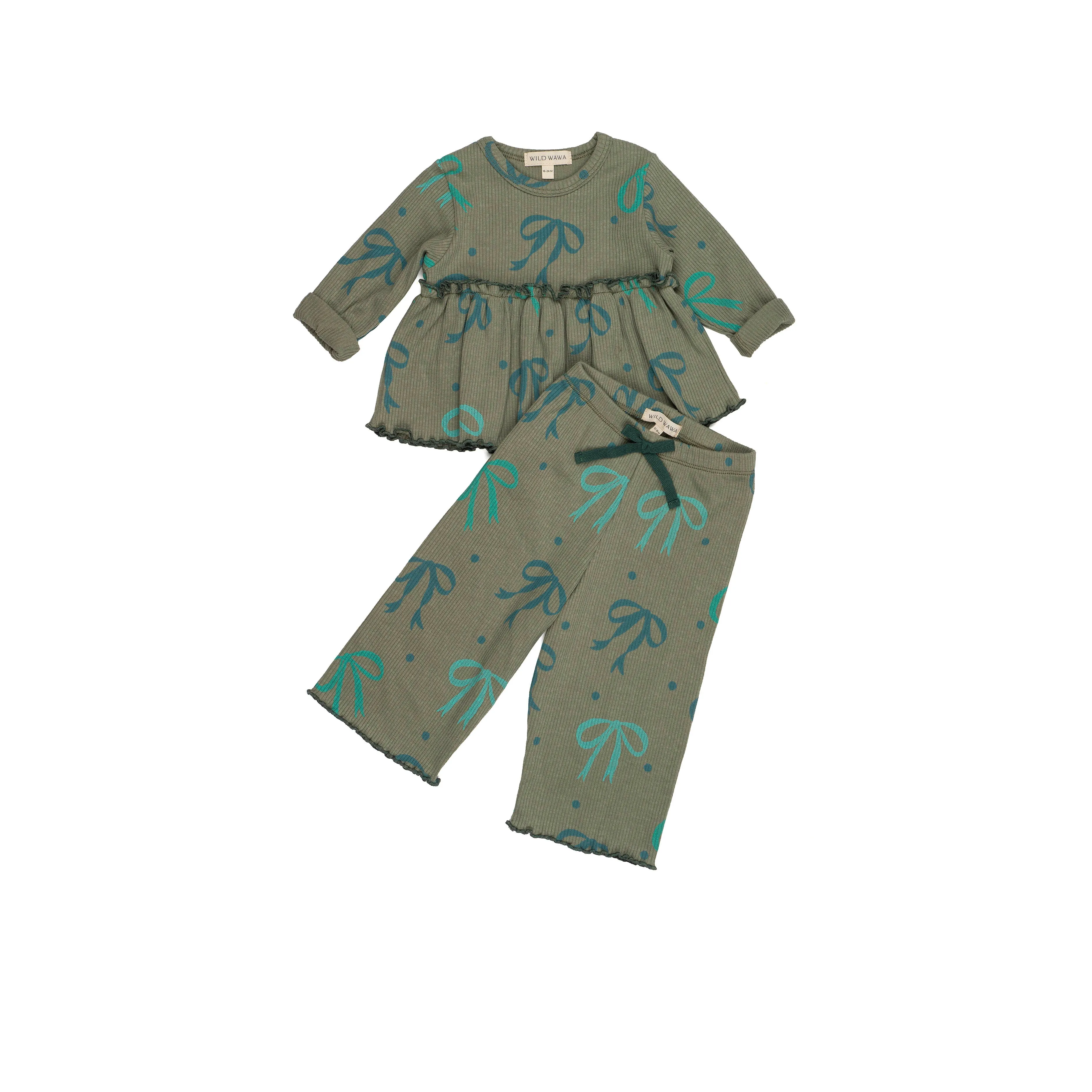 Rib Pant Set - Green Bows