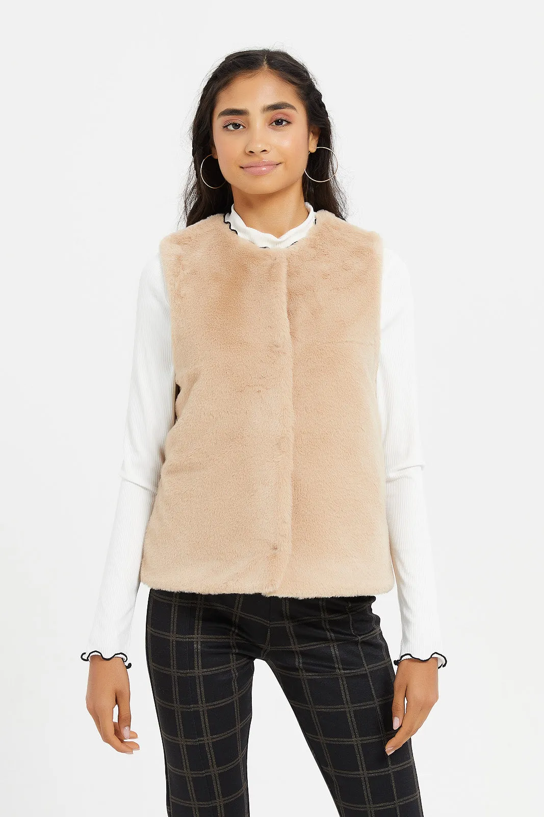 Senior Girls Beige Gillet Fur Jackets