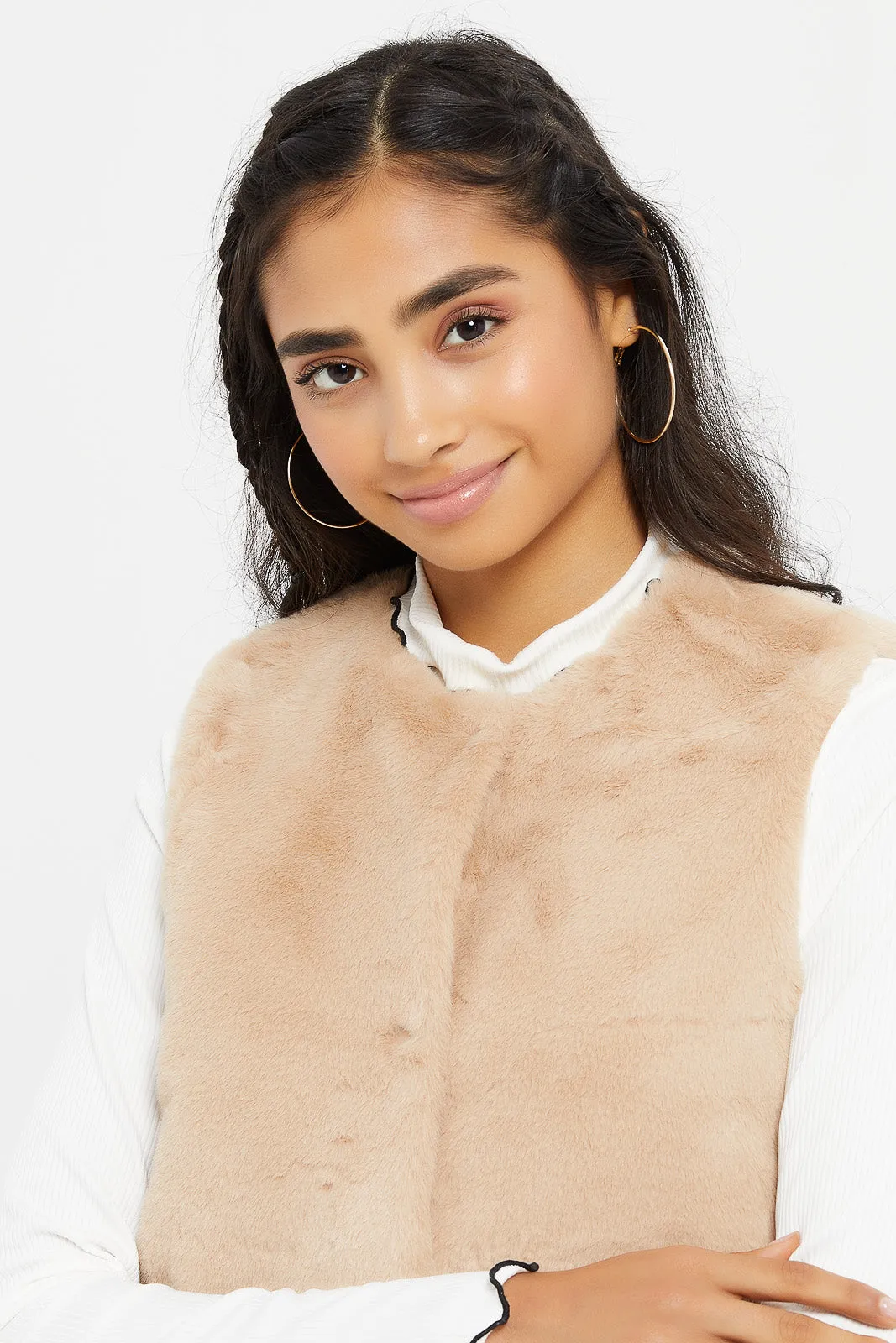 Senior Girls Beige Gillet Fur Jackets