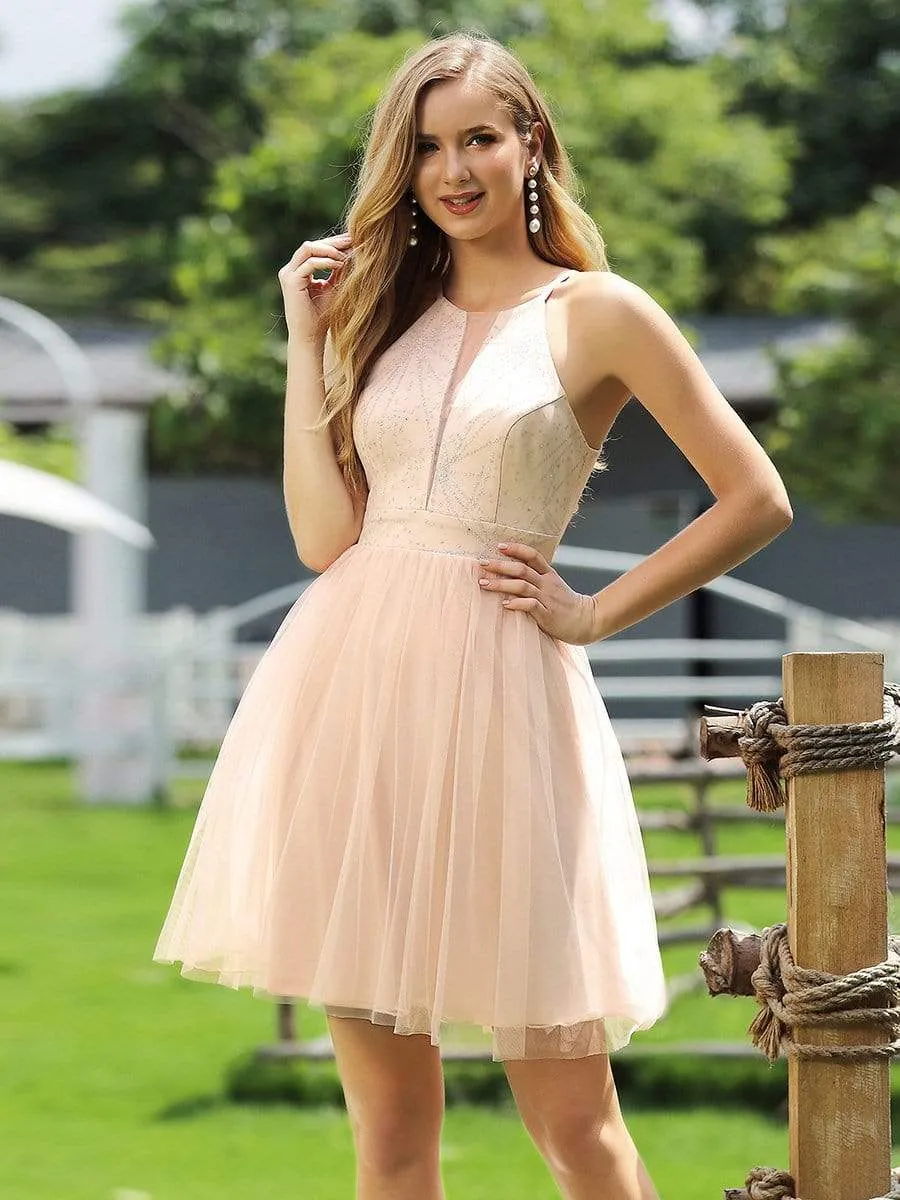 Sexy Round Neckline Sleeveless Tulle Prom Dress for Bridesmaid