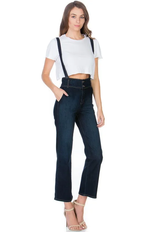 TEEK - High Waist Flare Denim Suspender Overalls