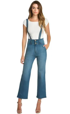 TEEK - High Waist Flare Denim Suspender Overalls