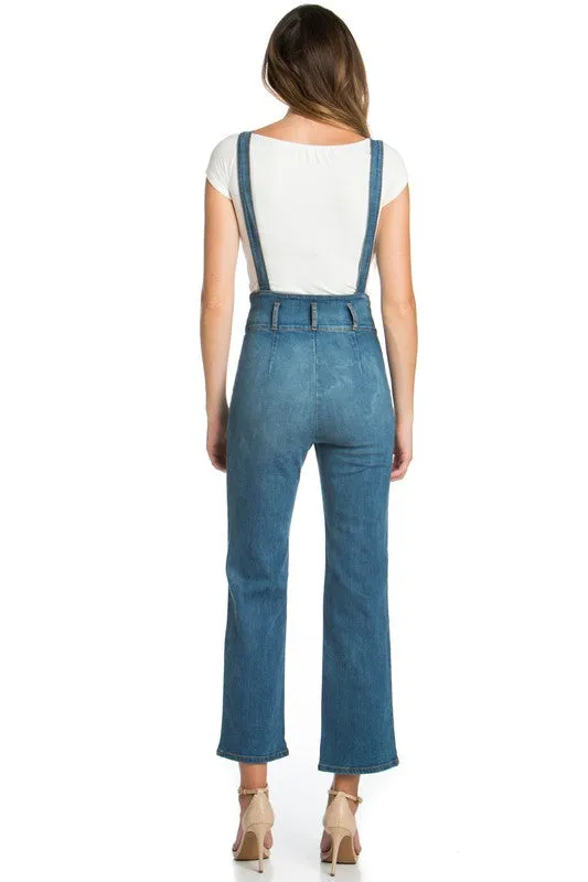 TEEK - High Waist Flare Denim Suspender Overalls