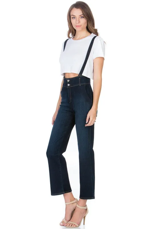 TEEK - High Waist Flare Denim Suspender Overalls