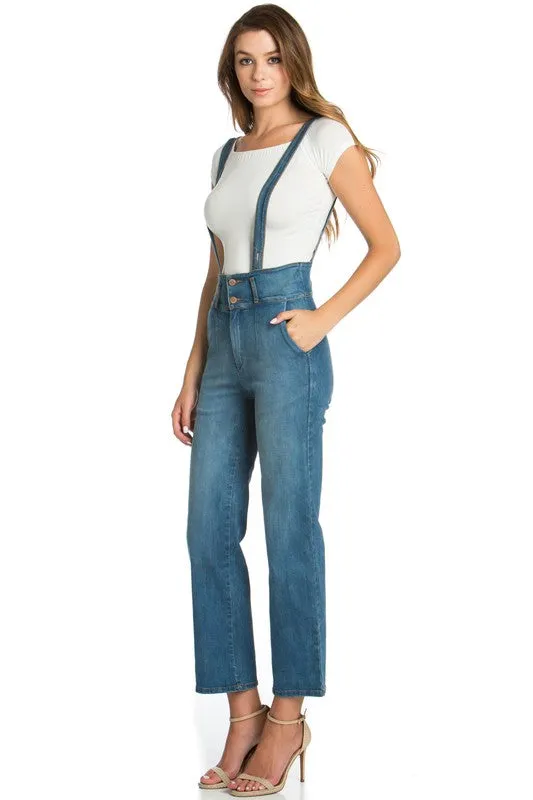 TEEK - High Waist Flare Denim Suspender Overalls