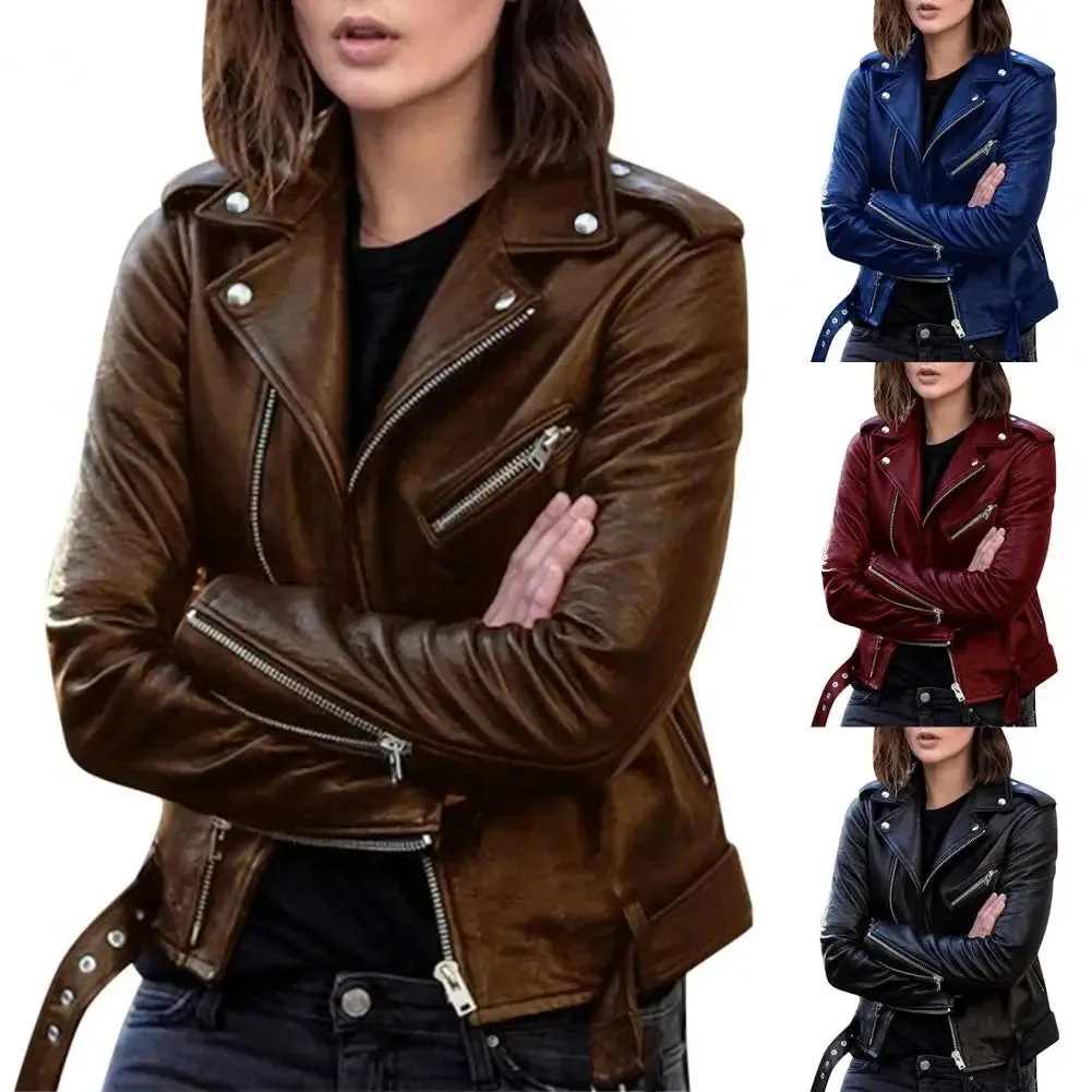 Toleet-Winter and Autumn Outfits Christmas/Thanksgiving_Autumn Short Solid Biker Thin Cool Faux Leather Jacket