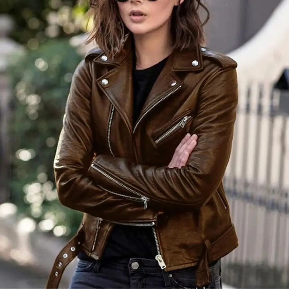 Toleet-Winter and Autumn Outfits Christmas/Thanksgiving_Autumn Short Solid Biker Thin Cool Faux Leather Jacket