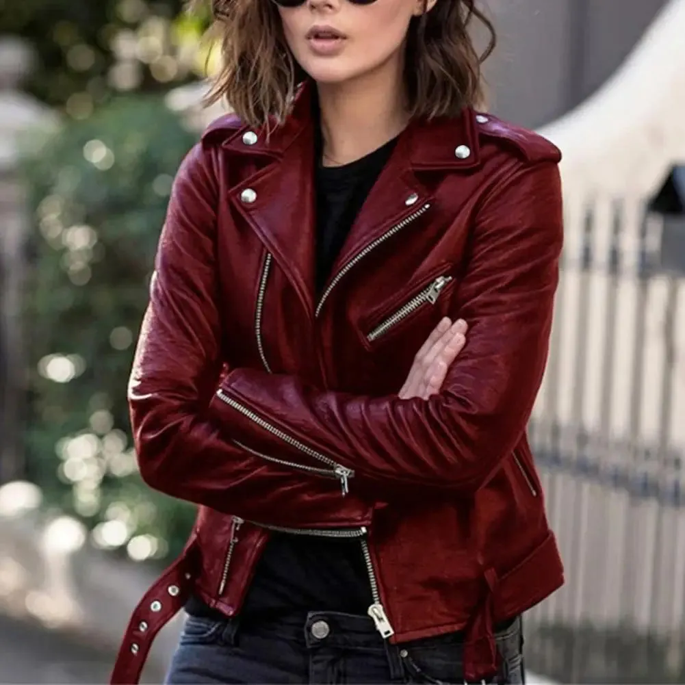 Toleet-Winter and Autumn Outfits Christmas/Thanksgiving_Autumn Short Solid Biker Thin Cool Faux Leather Jacket