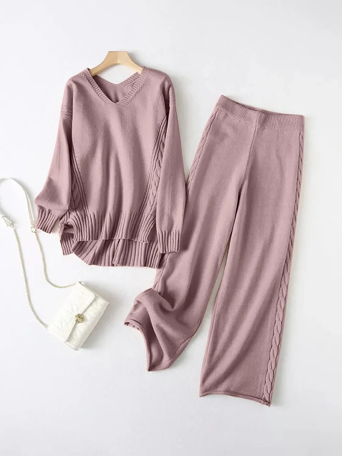 V-Neck Long Sleeve Top and Pants Sweater Set