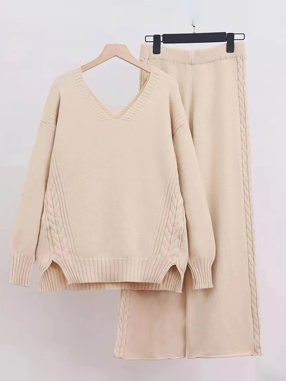 V-Neck Long Sleeve Top and Pants Sweater Set