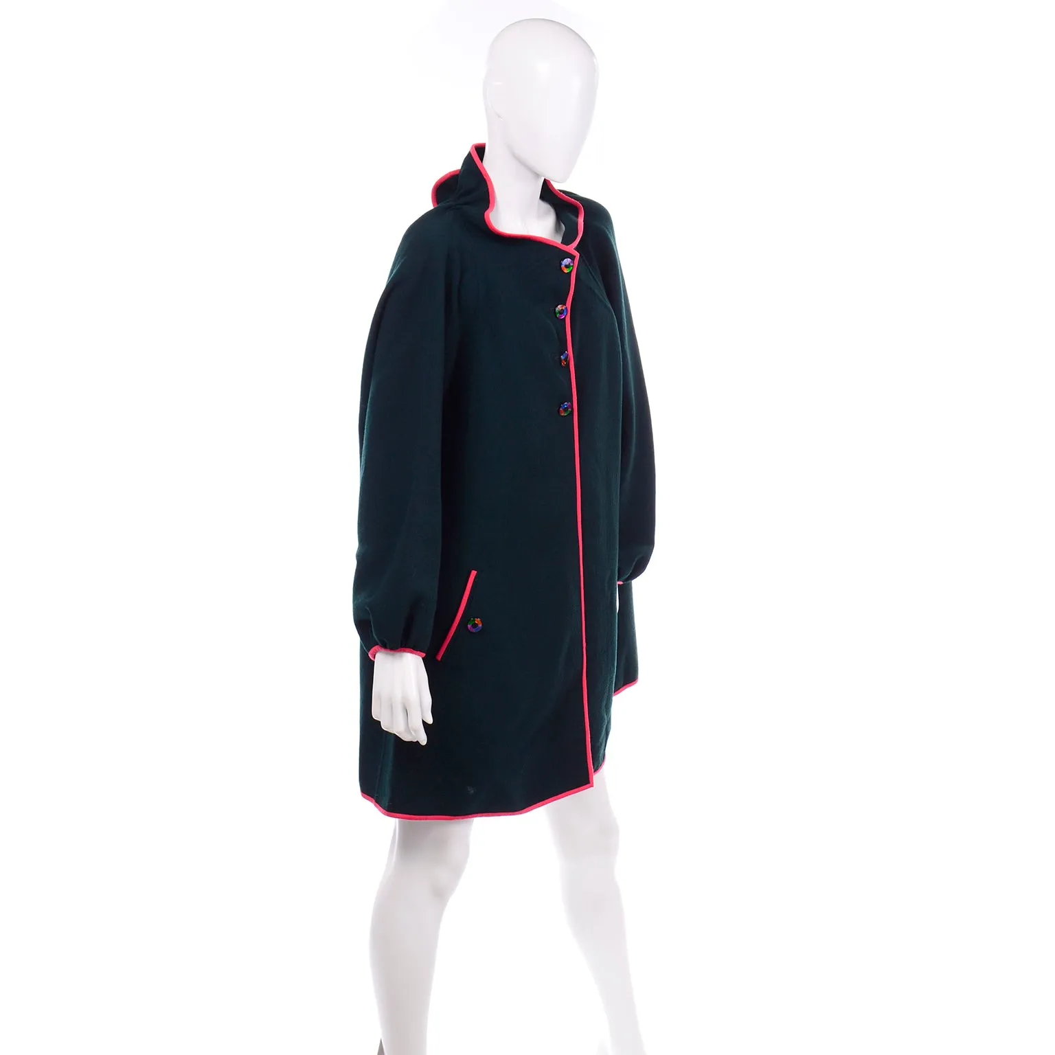 Vintage Geoffrey Beene Green Wool Coat With Pink Red Trim